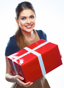 幸福的女人，与红色礼品盒