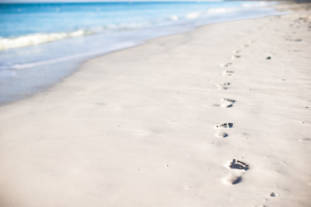 人类的足迹在这个加勒比海岛国的白色沙滩上