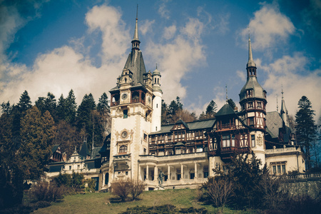 Blick auf Peles Schloss, Sinaia, Rumnien, Vintage coaster派勒斯城堡，