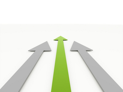 三个红色和白色背景上的一个绿色箭头在不同方向的三个绿色箭头三个