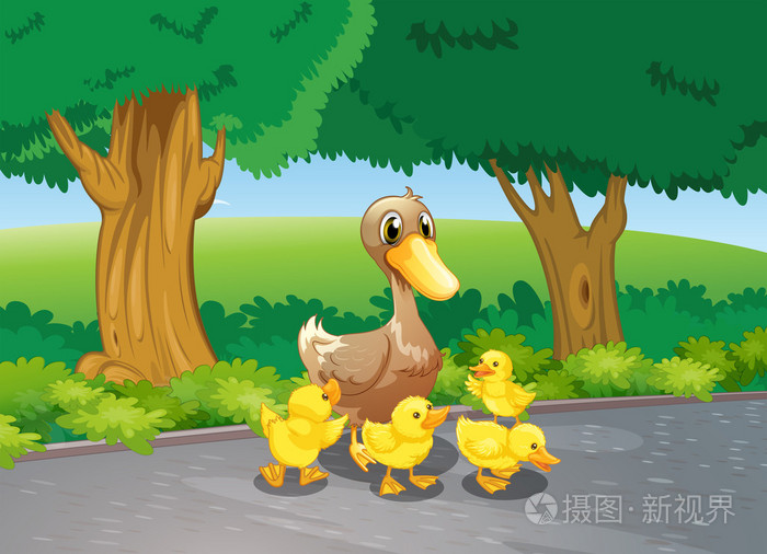 鸭妈妈和她的小鸭在路
