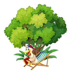 一只鸭子在树下读书一只小鸭子坐在结痂的灌木丛中一只鸭子猎狗,带着