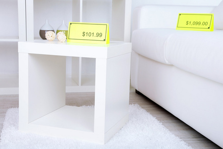 新的白色家具在浅色背景上的价格