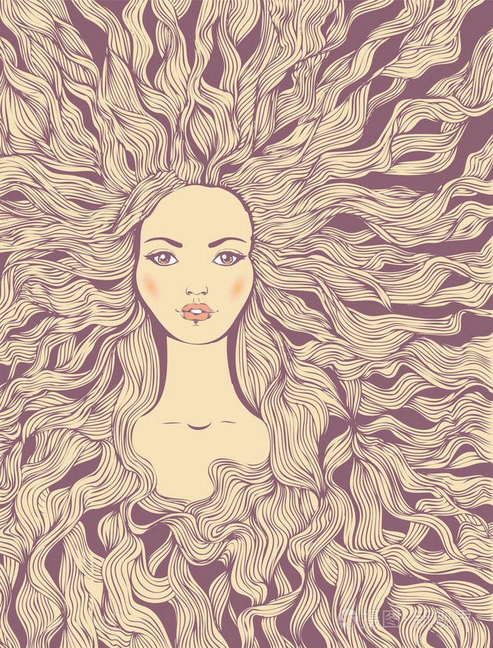 年轻漂亮的女人,波浪形的头发插画-正版商用图片1fnte0-摄图新视界