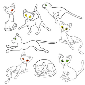 八个轮廓的滑稽的猫