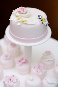 美味的粉色婚礼蛋糕和纸杯蛋糕