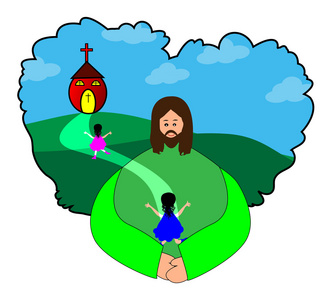 快乐的孩子们去教堂做礼拜照片