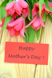 快乐的母亲节和华丽的红色郁金香花束
