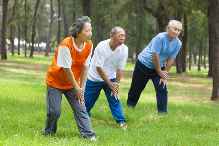 老年人在公园里慢跑前正在热身