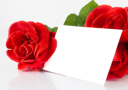 两个红玫瑰和白色背景上的文字的空白的礼品卡
