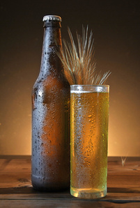 玻璃和瓶冰镇啤酒