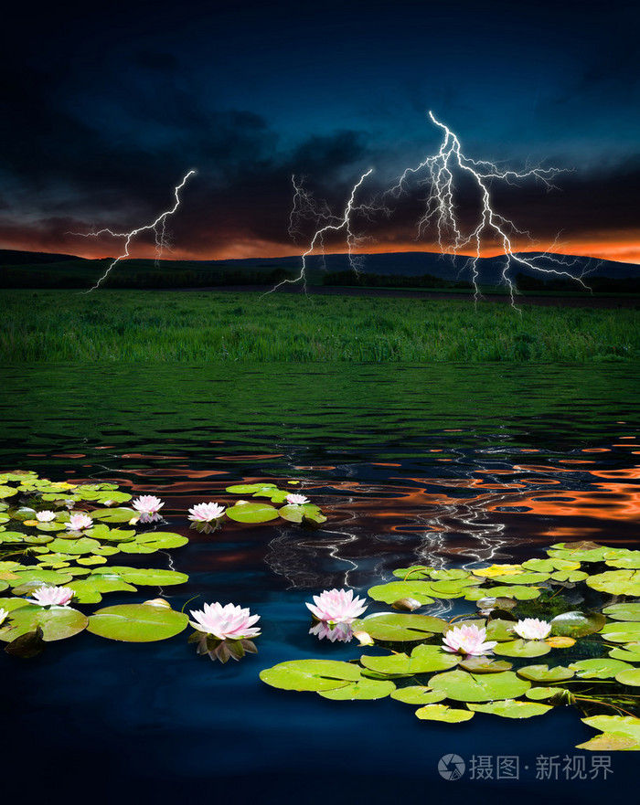 用在绿色草地上闪电雷暴