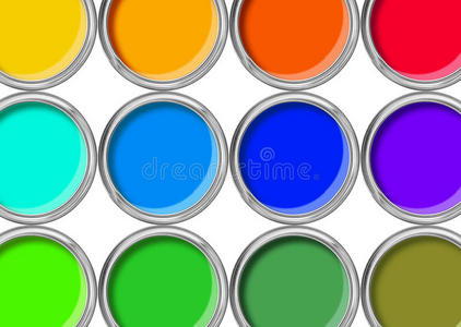 油漆罐颜色调色板，打开罐顶视图隔离在白色上