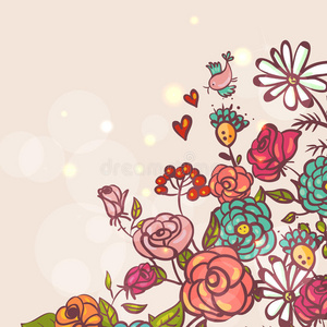 玫瑰和鸟的花卉背景