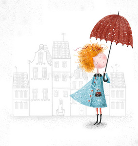 可爱的红头女孩，在城市背景下，带着蓝色外套的伞。
