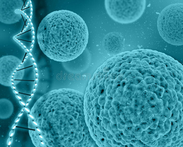 病毒链具有病毒细胞和dna链的3d医学背景照片
