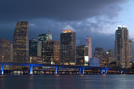 迈阿密市黄昏时的天际线。