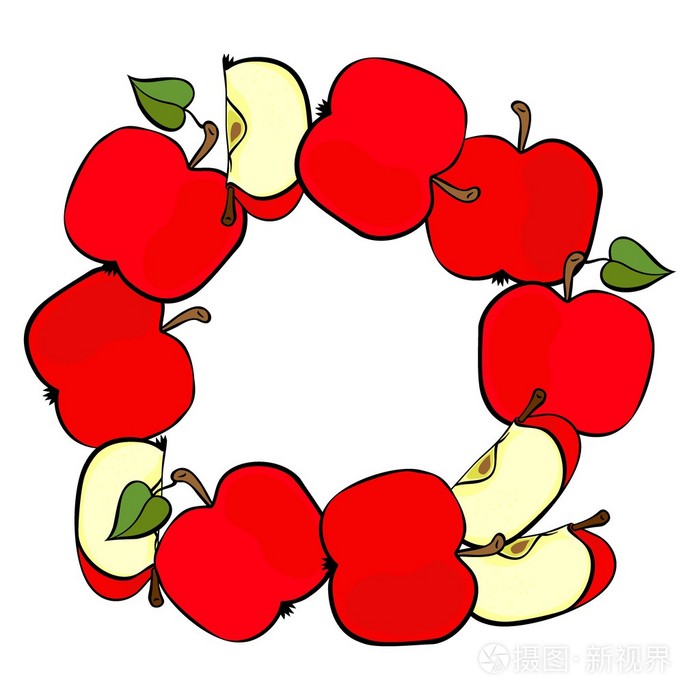 美味成熟的红苹果,白色背景彩色果装饰花环上孤立