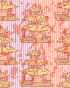 素描的华人庙宇，矢量无缝模式