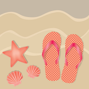 拖鞋或凉鞋在沙滩上的橙色波尔卡圆点。