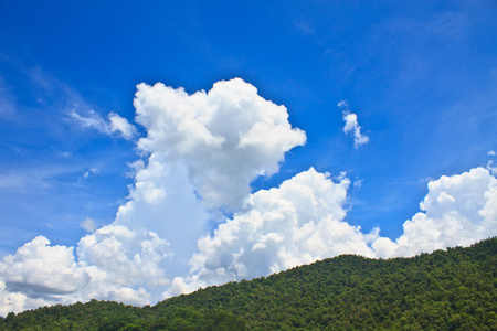 绿色的山，湛蓝的天空背景上