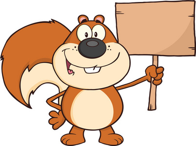 拿着一块木板的快乐松鼠卡通吉祥物