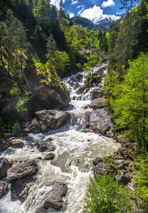 崎岖的山路河与岩石和树木之间的白色泡沫流动