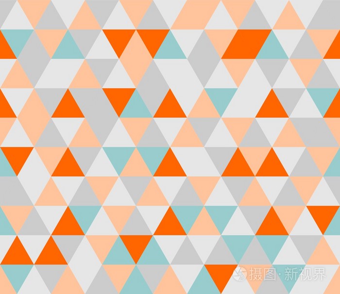 灰色, 橙色, 粉红色和薄荷绿色三角形几何形状马赛克式无缝模式或平铺