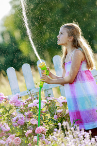 浇水，花卉园浇水玫瑰的美丽女孩