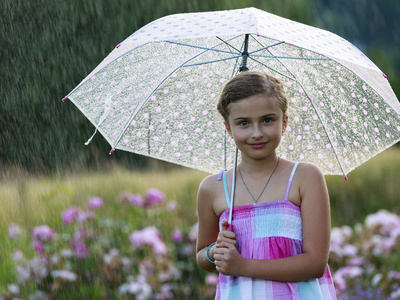 夏天的雨一把伞在雨中快乐的女孩