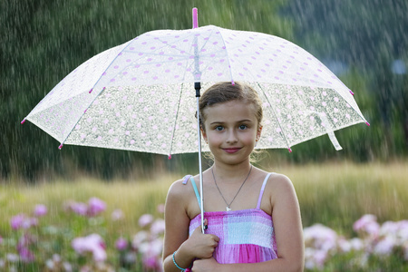 夏天的雨一把伞在雨中快乐的女孩