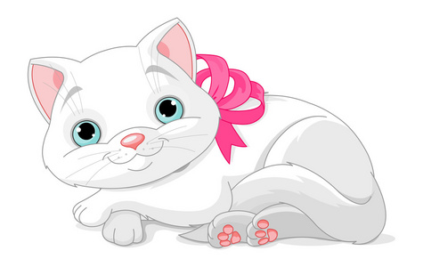可爱的白色猫咪,有粉红色蝴蝶结的插图照片