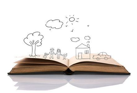 手绘中的可爱的家庭本打开的书照片