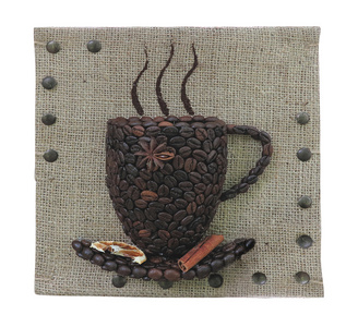 抽象的咖啡豆杯概念在麻布画布背景