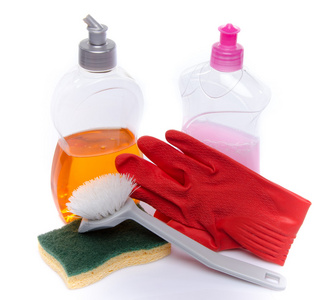液体肥皂碟与海绵 刷子 手套