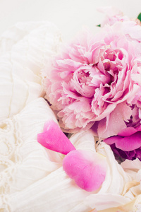 粉色牡丹和白色的婚纱礼服图片