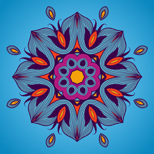 圆的花边图案的装饰就像曼荼罗在粉红色和蓝色的云景上飞过,就像美丽