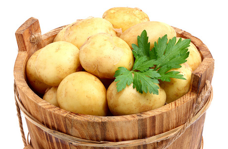 新的生土豆在一个桶里照片