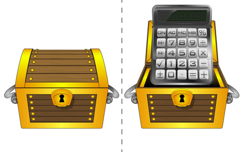 计算器在木制胸部开放和封闭一个孤立的矢量