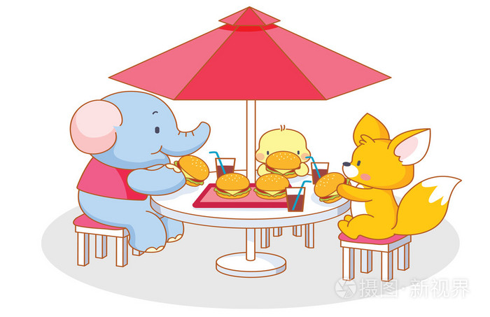 方卡通滑稽动物吃一个汉堡