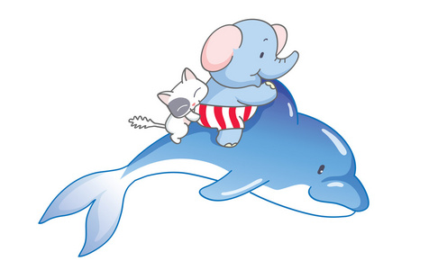 骑海豚卡通里的大象和一只猫被骑着海豚照片