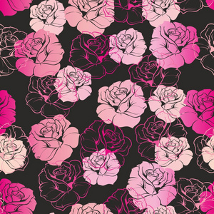 无缝的矢量花卉黑暗模式或平铺背景与黑色背景上的粉色和白色的复古玫瑰