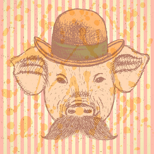 素描猪戴着帽子与 mustche，矢量背景值研究