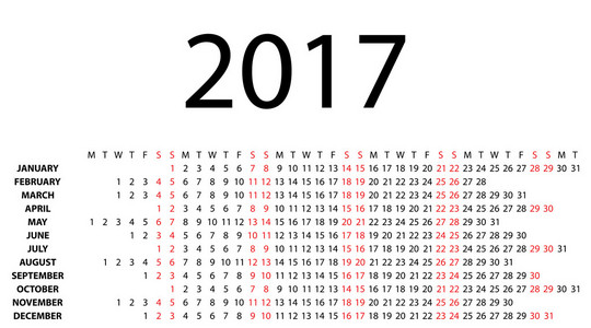 对白色衬底上的 2017 年水平日历