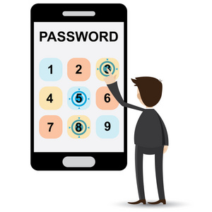 卡通商人在智能手机上输入密码照片