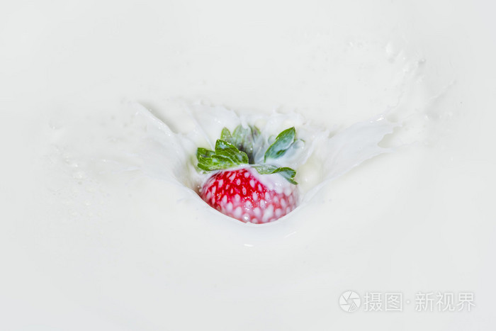 草莓落入溅牛奶。在白色隔离