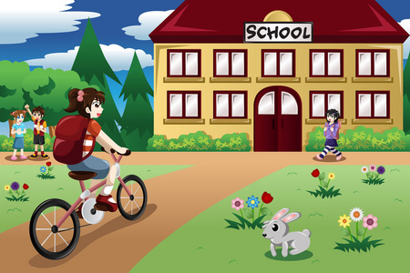 小学生女孩骑着自行车去学校