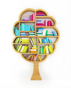 知识树，与孤立的白色背景上的彩色书籍的木头架子上