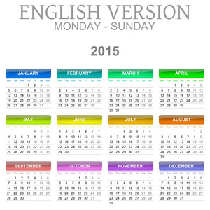 2015 日历英文版周一至周日