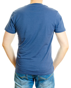 在蓝色 t 恤的男子。白色背景上孤立